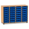 Flexeo® Regal PRO, Buche dunkel, HxBxT: 99.1 x 143.9 x 48 cm, 4 Reihen, 32 kleine Boxen dunkelblau, Rollen