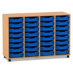 Flexeo® Regal PRO, Buche dunkel, HxBxT: 99.1 x 143.9 x 48 cm, 4 Reihen, 32 kleine Boxen dunkelblau, Rollen