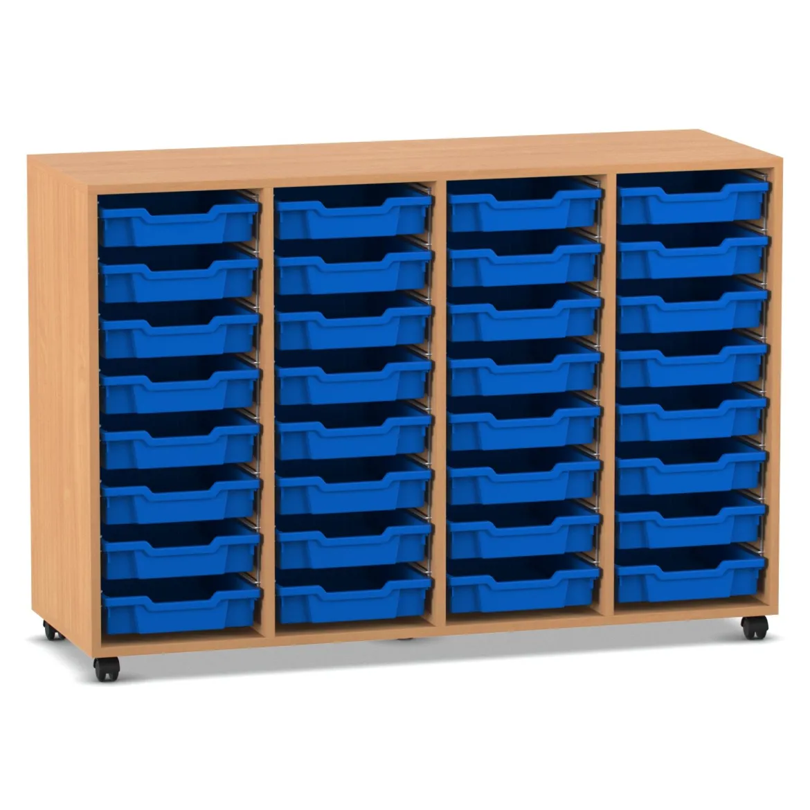 Flexeo® Regal PRO, Buche dunkel, HxBxT: 99.1 x 143.9 x 48 cm, 4 Reihen, 32 kleine Boxen dunkelblau, Rollen