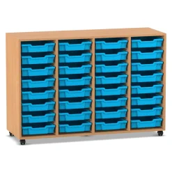 Flexeo® Regal PRO, Buche dunkel, HxBxT: 99.1 x 143.9 x 48 cm, 4 Reihen, 32 kleine Boxen hellblau, Rollen