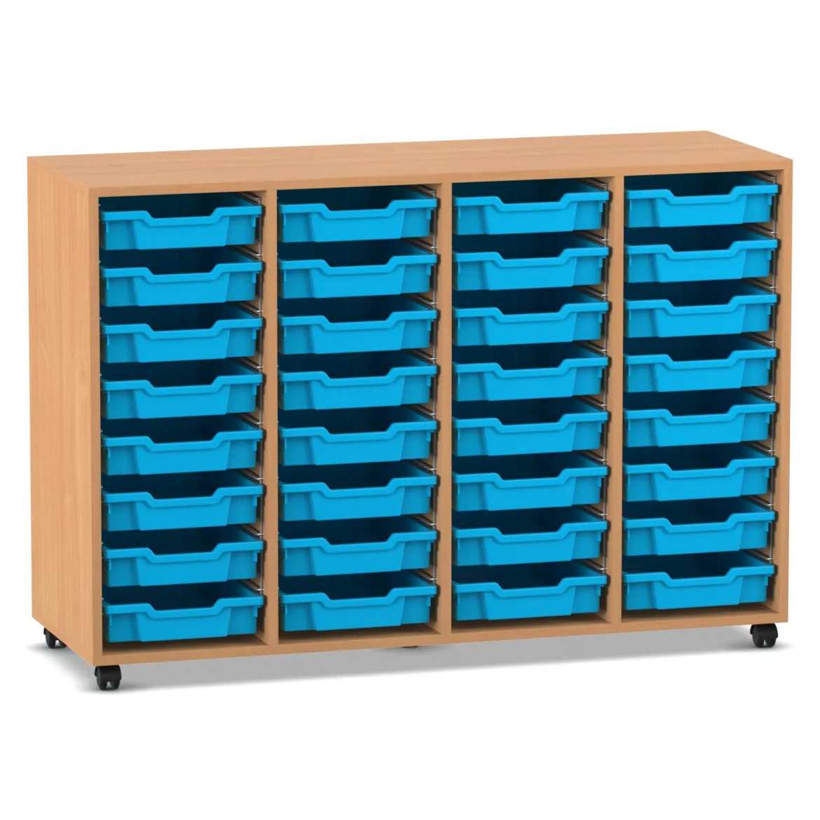 Flexeo® Regal PRO, Buche dunkel, HxBxT: 99.1 x 143.9 x 48 cm, 4 Reihen, 32 kleine Boxen hellblau, Rollen