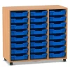 Flexeo Regal PRO Buche dunkel, mit 3 Reihen und 24 kleinen Boxen blau, Rollen