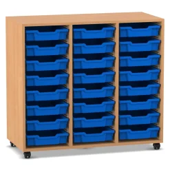 Flexeo Regal PRO Buche dunkel, mit 3 Reihen und 24 kleinen Boxen blau, Rollen