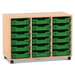 Flexeo Regal PRO, Buche hell, HxBxT: 76,7x108,5x48 cm, 18 kleine Boxen dunkelgrün, Rollen