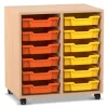Flexeo Regal PRO, Buche hell, HxBxT: 76,7x73,1x48 cm, 12 kleine Boxen orange-gelb, Rollen