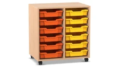 Flexeo Regal PRO, Buche hell, HxBxT: 76,7x73,1x48 cm, 12 kleine Boxen orange-gelb, Rollen