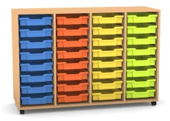Flexeo Regal PRO, Buche hell, HxBxT: 99.1 x 143.9 x 48 cm, mit 4 Reihen, Rollen, inkl. 32 kleine Boxen bunt A