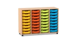 Flexeo Regal PRO, Buche hell, HxBxT: 99.1 x 143.9 x 48 cm, mit 4 Reihen und 32 kleinen Boxen bunt A, Sockel