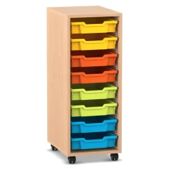 Flexeo Regal PRO, Buche hell, HxBxT: 99,1 x 37,7 x 48 cm, 1 Reihe, 8 kleine Boxen, Rollen