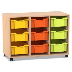 Flexeo Regal PRO, Buche hell, HxBxT: 76,7x108,5x48 cm, 3 Reihen, 9 Boxen bunt A Gr. M, Rollen