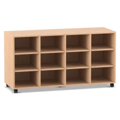 Flexeo Regal PRO, Buche hell, HxBxT: 76,7 x 143,9 x 48 cm 4 Reihen, 12 Fächer, mit Rollen