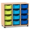 Flexeo Regal PRO, Buche hell, HxBxT: 99,1 x 108,5 x 48 cm, 3 Reihen, 12 große Boxen bunt B, Sockel