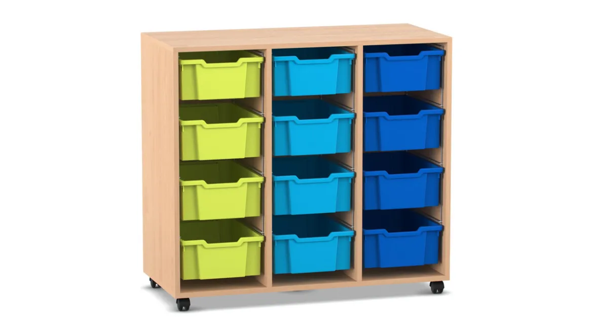 Flexeo Regal PRO, Buche hell, HxBxT: 99,1 x 108,5 x 48 cm, 3 Reihen, 12 große Boxen bunt B, Sockel