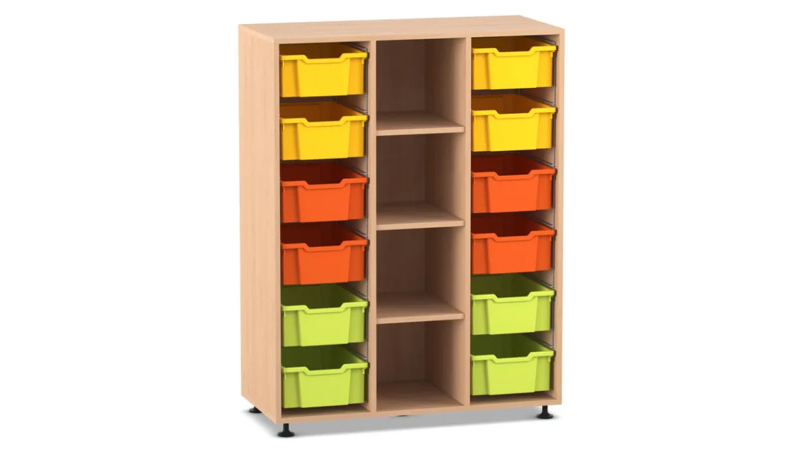 Flexeo Regal PRO, Buche hell, HxBxT: 143,9 x 108,5 x 48 cm, 3 Reihen, 12 große Boxen bunt A, Sockel