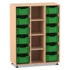 Flexeo Regal PRO, Buche hell, HxBxT: 143,9 x 108,5 x 48 cm, 3 Reihen, 12 große Boxen grün