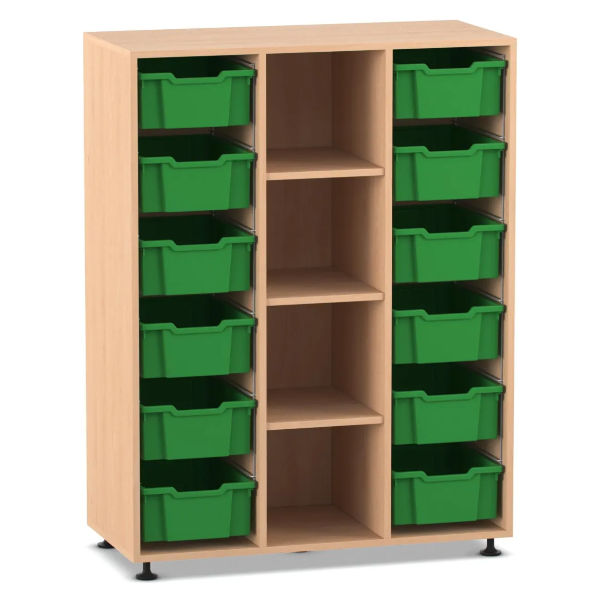 Flexeo Regal PRO, Buche hell, HxBxT: 143,9 x 108,5 x 48 cm, 3 Reihen, 12 große Boxen grün