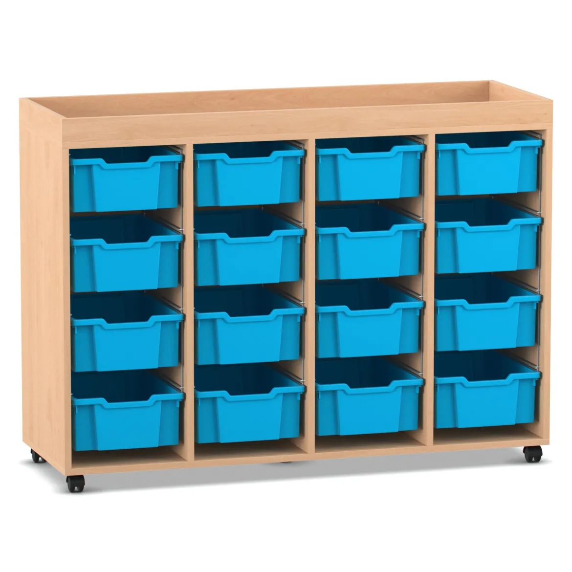 Flexeo Regal PRO, Buche hell, HxBxT: 105,6x143,9x48 cm, 4 Reihen, 16 große Boxen hellblau, Stellfüße