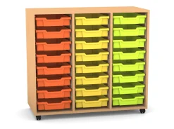 Flexeo Regal PRO, Buche hell, HxBxT: 99,1 x 108,5 x 48 cm, 3 Reihen, 24 kleine Boxen bunt B, Rollen