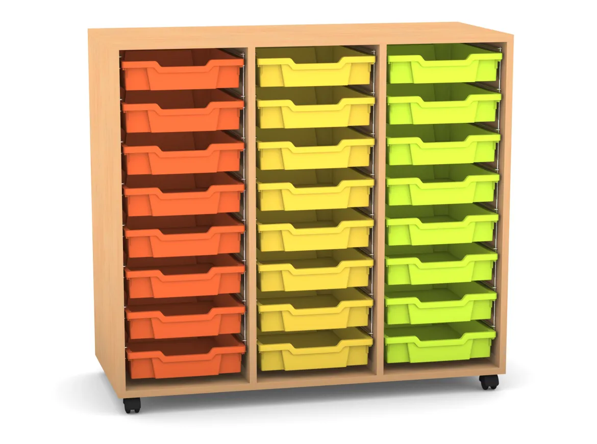 Flexeo Regal PRO, Buche hell, HxBxT: 99,1 x 108,5 x 48 cm, 3 Reihen, 24 kleine Boxen bunt B, Rollen