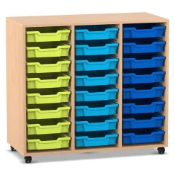 Flexeo Regal PRO, Buche hell, HxBxT: 99,1 x 108,5 x 48 cm, 3 Reihen, 24 kleine Boxen bunt B, Rollen