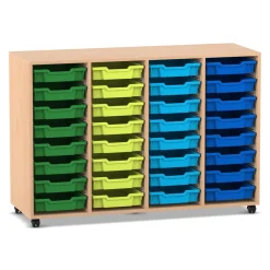 Flexeo® Regal PRO, Buche hell, HxBxT: 99.1 x 143.9 x 48 cm, 4 Reihen, 32 kleine Boxen bunt B, Rollen