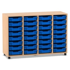 Flexeo® Regal PRO Buche hell, HxBxT: 99.1 x 143.9 x 48 cm, 4 Reihen, 32 kleine Boxen blau, Rollen