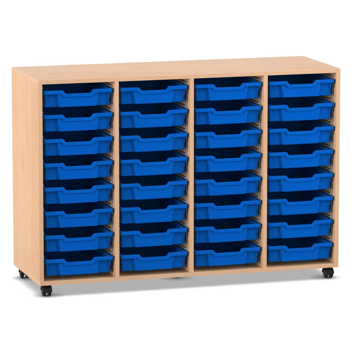 Flexeo® Regal PRO Buche hell, HxBxT: 99.1 x 143.9 x 48 cm, 4 Reihen, 32 kleine Boxen blau, Rollen