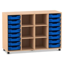 Flexeo Regal PRO, Buche hell, HxBxT: 99,1x143,9x48 cm, 4 Reihen, 16 kleine Boxen dunkelblau, Rollen