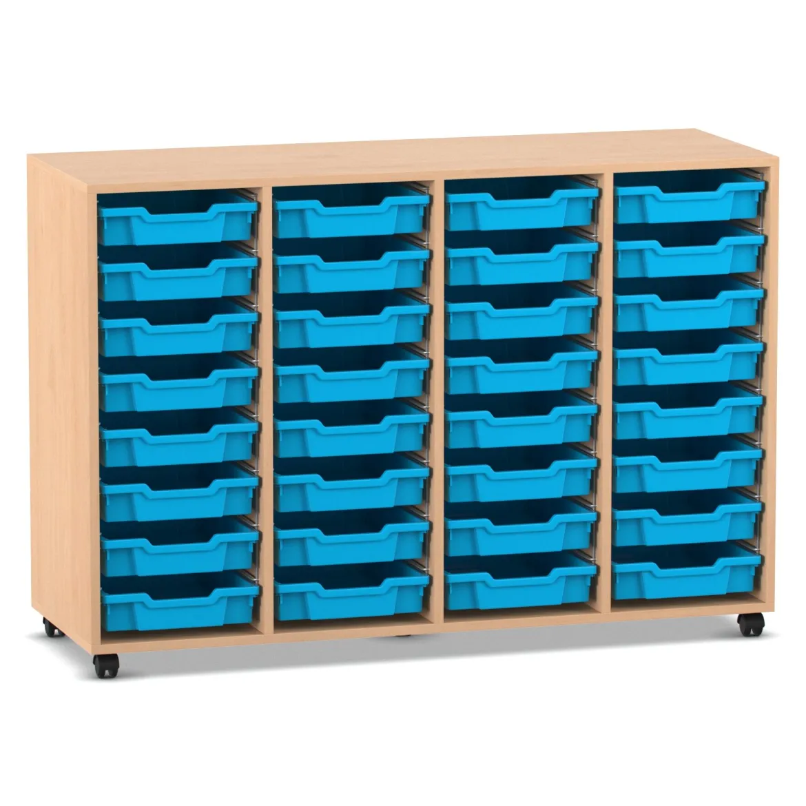 Flexeo® Regal PRO Buche hell, HxBxT: 99.1 x 143.9 x 48 cm, 4 Reihen, 32 kleinen Boxen hellblau, Sockel