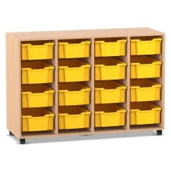 Flexeo® Regal PRO, Buche hell, mit 4 Reihen und 16 großen Boxen gelb, Rollen