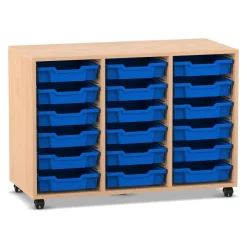 Flexeo® Regal PRO, Buche hell, mit 3 Reihen und 18 kleinen Boxen blau, Sockel
