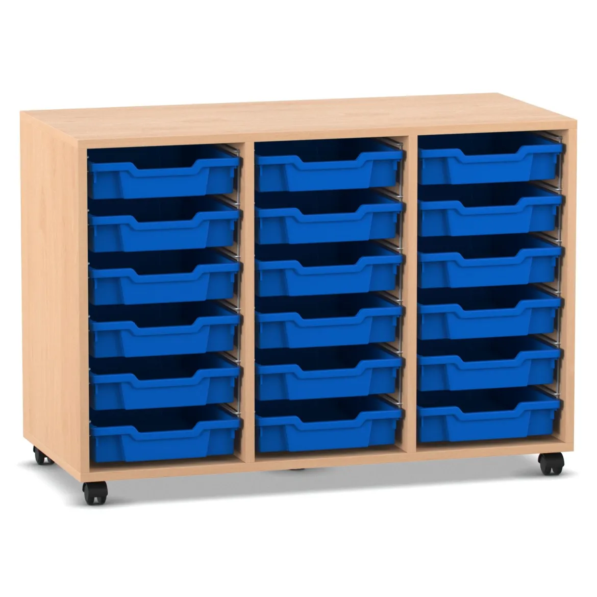 Flexeo® Regal PRO, Buche hell, mit 3 Reihen und 18 kleinen Boxen blau, Sockel