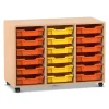 Flexeo® Regal PRO, Buche hell, mit 3 Reihen und 18 kleinen Boxen orange-gelb, Rollen