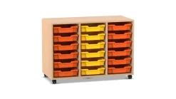 Flexeo® Regal PRO, Buche hell, mit 3 Reihen und 18 kleinen Boxen orange-gelb, Rollen