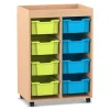 Flexeo® Regal PRO, Buche hell, 2 Reihen, 8 Boxen bunt B, Größe M, HxBxT: 105,6 x 73,1 x 48 cm Rollen