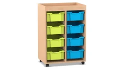 Flexeo® Regal PRO, Buche hell, 2 Reihen, 8 Boxen bunt B, Größe M, HxBxT: 105,6 x 73,1 x 48 cm Rollen