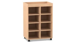 Flexeo® Regal PRO, Buche hell, 2 Reihen, 8 Fächer, Aufkantung, Rollen, HxBxT: 105,6x73,1x48 cm
