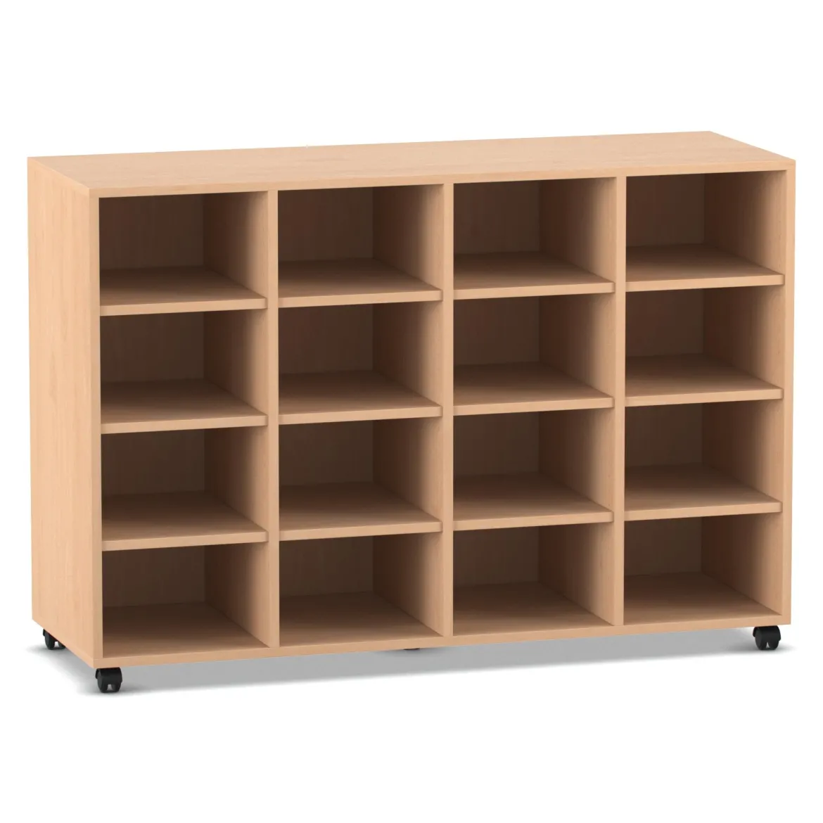 Flexeo® Regal PRO, Buche hell, 4 Reihen, 16 Fächer, HxBxT: 99,1 x 143,9 x 48 cm, mit Rollen
