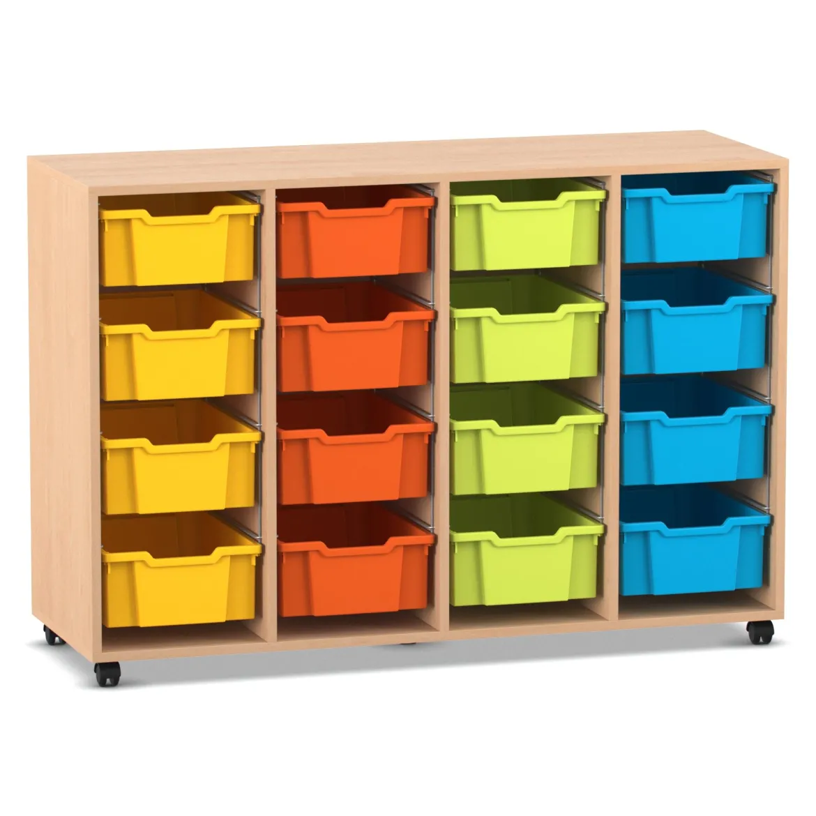 Flexeo Regal PRO, Buche hell, 4 Reihen, 16 große Boxen bunt A, HxBxT: 99,1 x 143,9 x 48 cm, Sockel