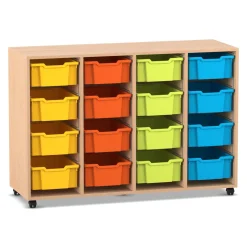 Flexeo Regal PRO, Buche hell, 4 Reihen, 16 große Boxen bunt A, HxBxT: 99,1 x 143,9 x 48 cm, Rollen