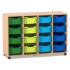 Flexeo Regal PRO, Buche hell, 4 Reihen, 16 große Boxen bunt B, Rollen, 143,9x99,1x48 cm