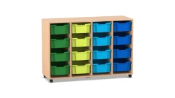 Flexeo Regal PRO, Buche hell, 4 Reihen, 16 große Boxen bunt B, Rollen, 143,9x99,1x48 cm