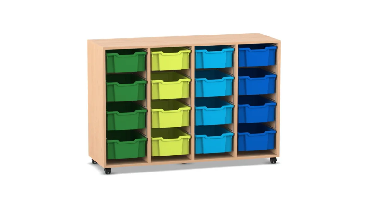 Flexeo Regal PRO, Buche hell, 4 Reihen, 16 große Boxen bunt B, Rollen, 143,9x99,1x48 cm