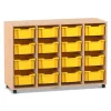 Flexeo Regal PRO, Buche hell, 4 Reihen, 16 große Boxen gelb, Sockel, 143,9x99,1x48 cm