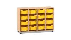 Flexeo Regal PRO, Buche hell, 4 Reihen, 16 große Boxen gelb, Sockel, 143,9x99,1x48 cm