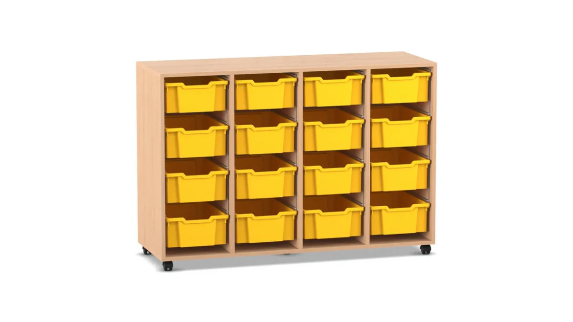 Flexeo Regal PRO, Buche hell, 4 Reihen, 16 große Boxen gelb, Sockel, 143,9x99,1x48 cm