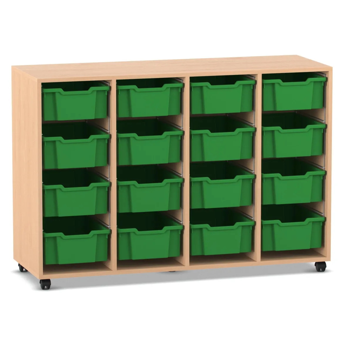 Flexeo Regal PRO, Buche hell, 4 Reihen, 16 große Boxen grün, Rollen, 143,9x99,1x48 cm