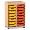 Flexeo Regal PRO, Buche hell, 2 Reihen, HxBxT: 105, 6 x 73 x 48 cm, 16 kleine Boxen bunt A, Aufkantung, Rollen