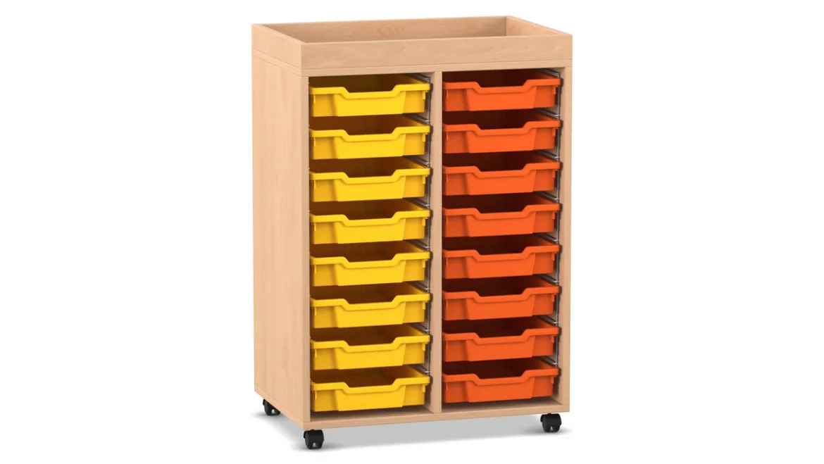 Flexeo Regal PRO, Buche hell, 2 Reihen, HxBxT: 105, 6 x 73 x 48 cm, 16 kleine Boxen bunt A, Aufkantung, Rollen