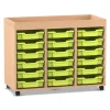 Flexeo® Regal PRO, Buche hell, 3 Reihen, 18 kl. Boxen grün, Aufkantung, BxHxT 108x83x48 cm, Rollen